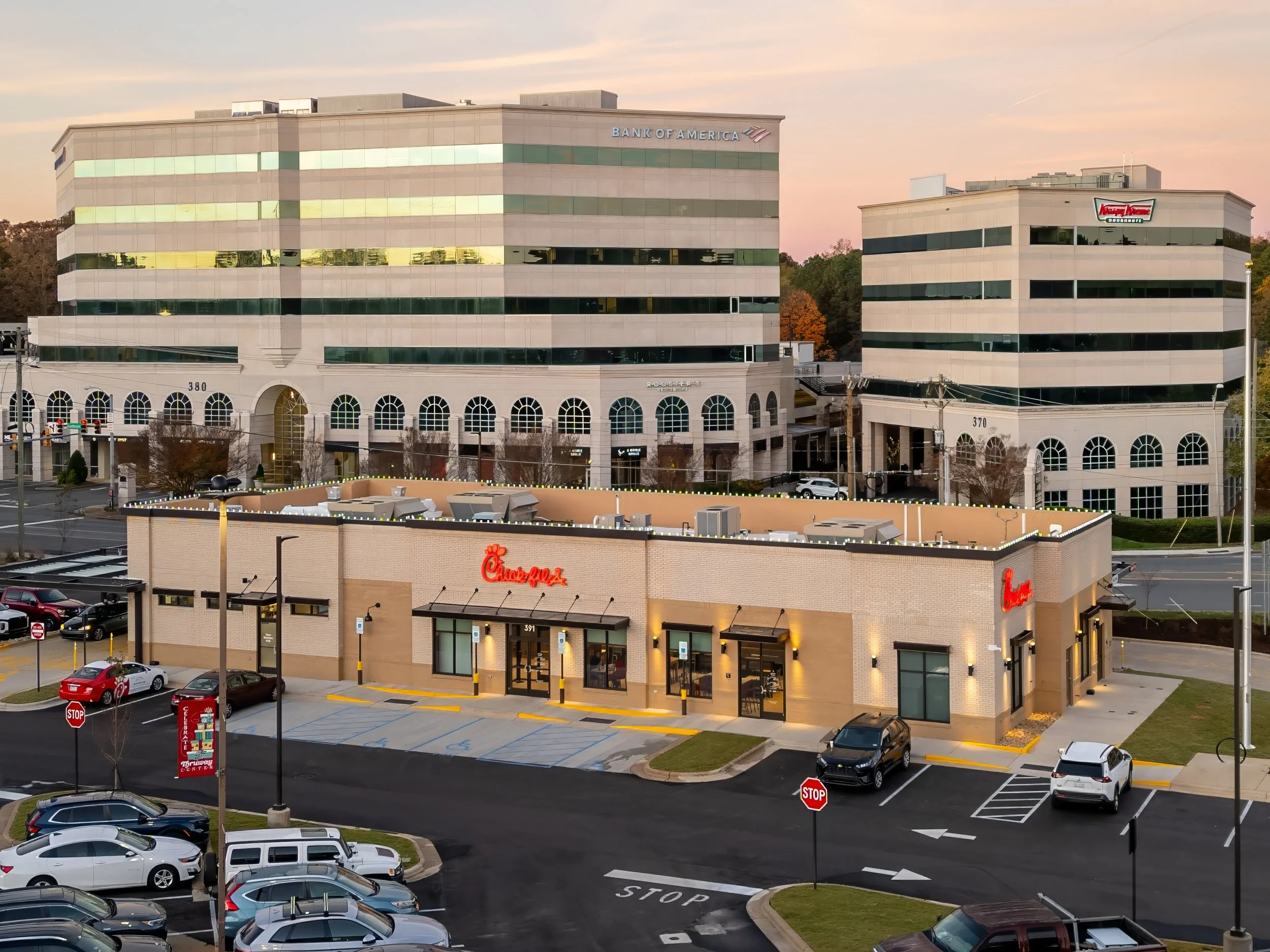 Aerial golden-hour view of a commercial property