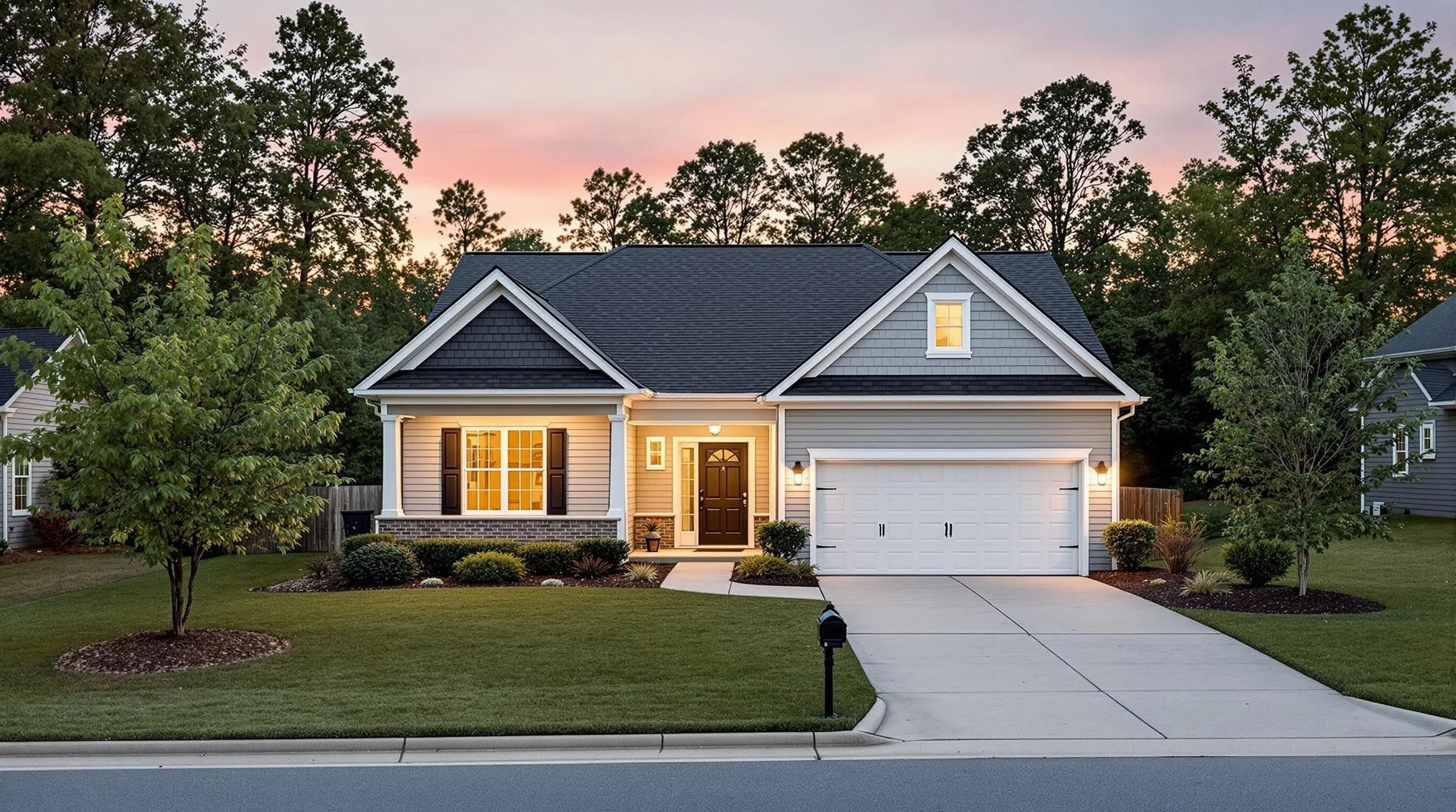 Modern home exterior at dusk